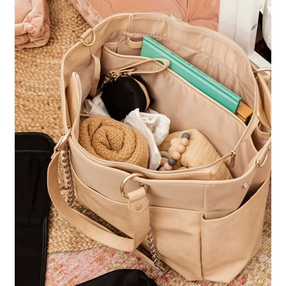 Beis The Baby Bag in Beige Buffalo Trim Vegan Leather 5 Pockets Gold Hardware